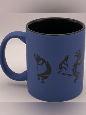 Blue Kokopelli Mug Southwest Tribal Flute Player Matte Coffee Cup Black Interior